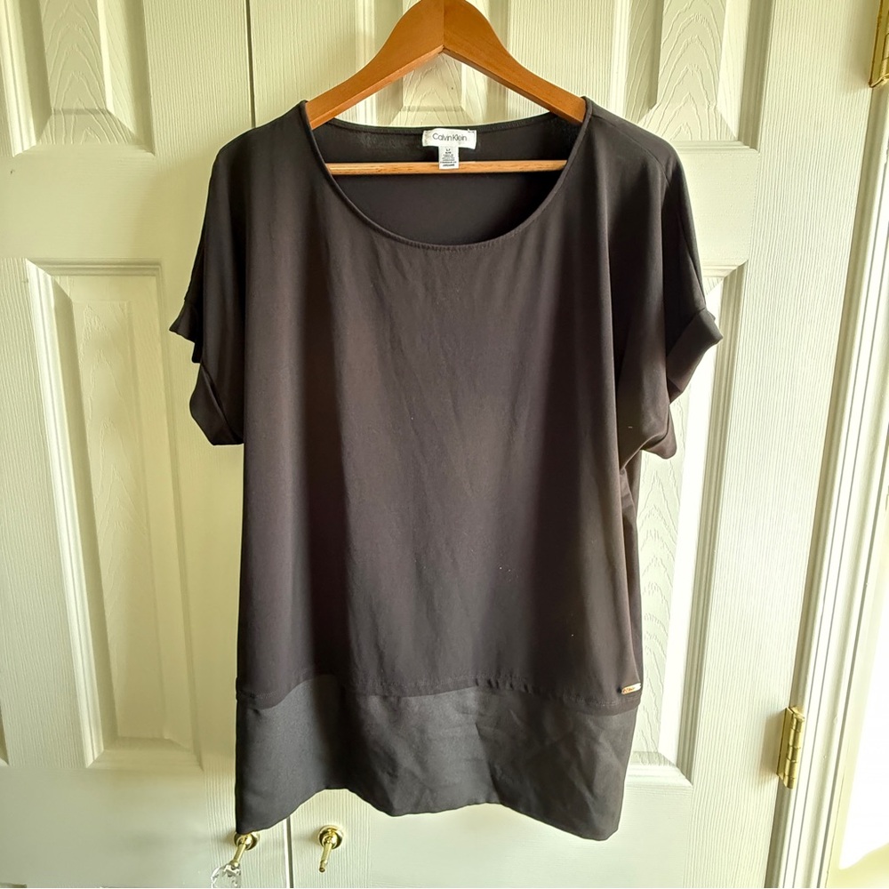 Calvin Klein Black Short Sleeve Top | Mixed Media Hem | Size L